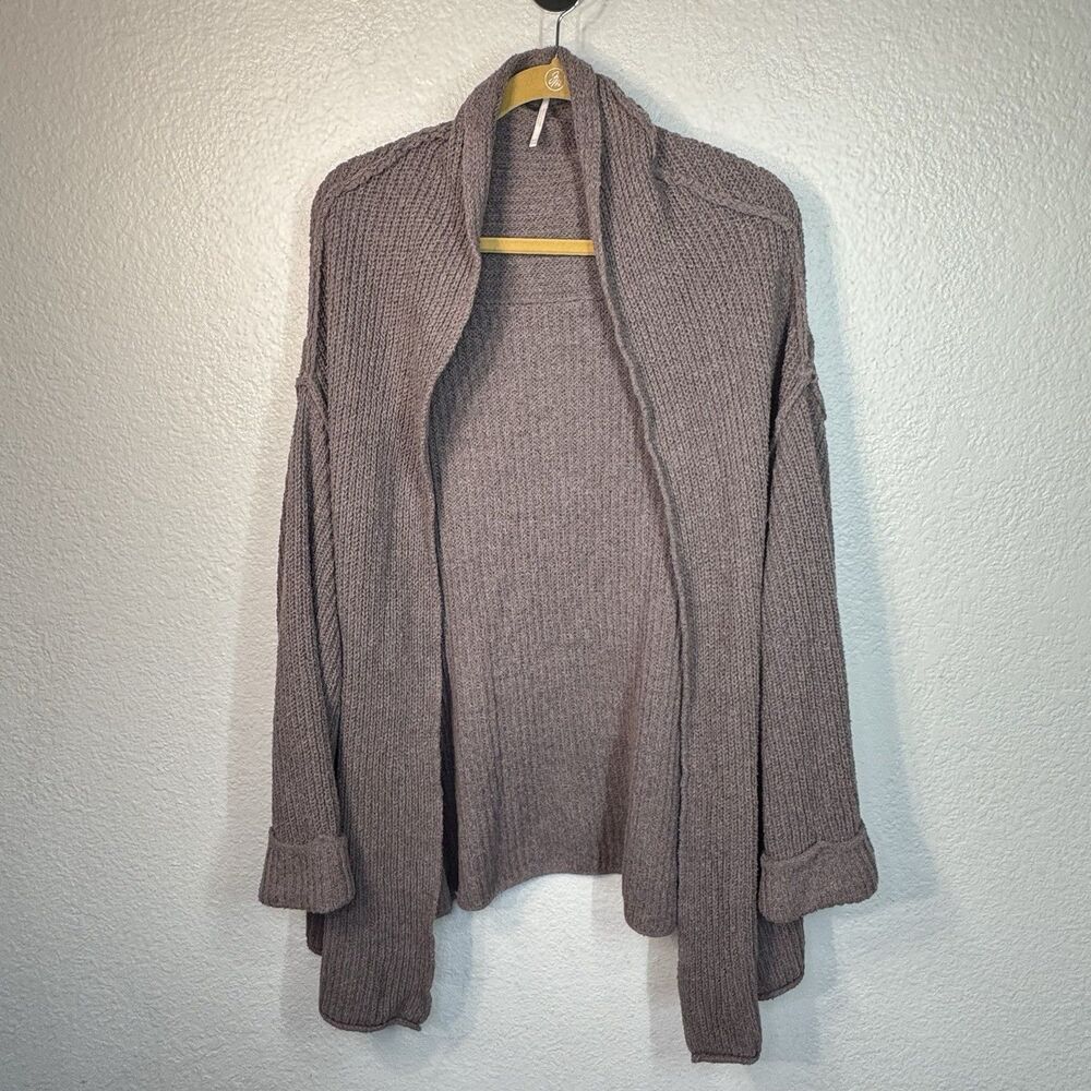 Free People Sweater XS Tan Oversized Open Cardigan Distressed Pockets Boho